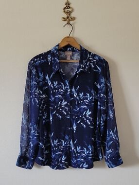 Chico's Deep Blue Sheer Long Sleeve Button Down Stretch Knit Shirt Size Large